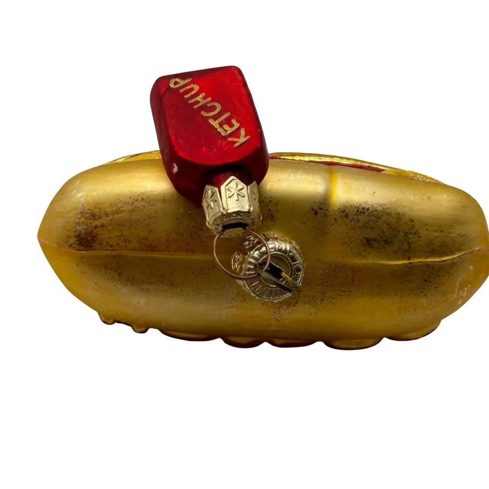 Vintage Hot Dog Glass Christmas Ornament with Ketchup Bottle Charm Red Gold